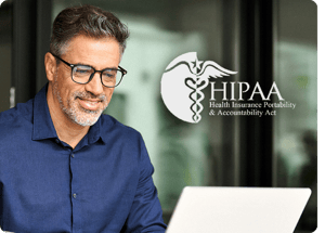 Man looking at computer and HIPAA Health Insurance Portability & Accountability Act Logo