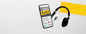 My Biggest Marketing Mistake Podcast Shown on a Phone Screen that says Rate, Review, and Subscribe Wherever You Listen to Podcasts. The Apple Podcast, YouTube, Spotify, and Amazon Music Logos are Shown.